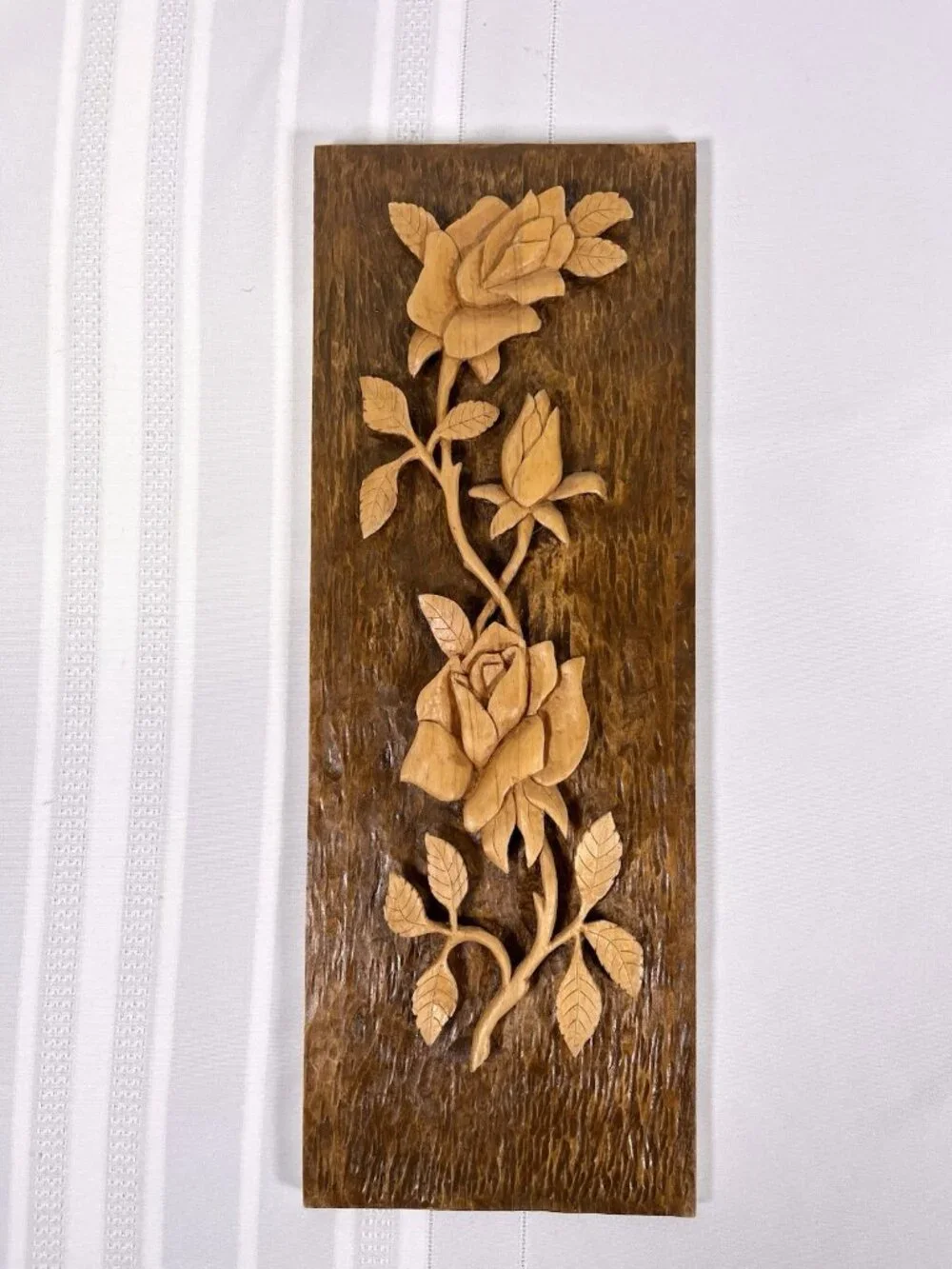 VTG Hand Carved Wood Rose Floral Wall Plaque Folk Mid Century Inspired 3D MCM